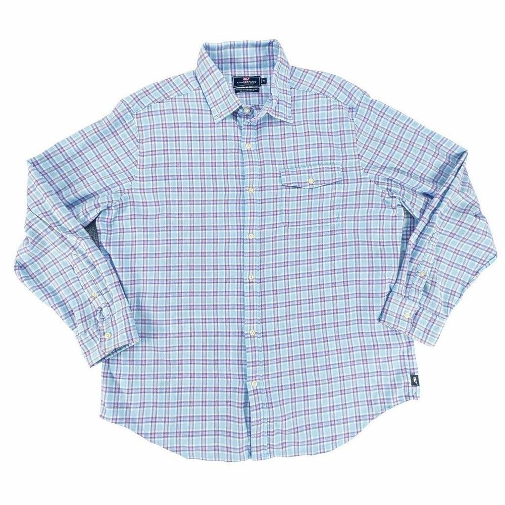 Vineyard Vines Crosby Shirt Mens XL Blue Pink Plaid Classic Fit Stretch - Picture 2 of 4